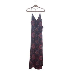 Streetwear Society Wrap Maxi Dress L Spaghetti Straps Wine Geometric Print